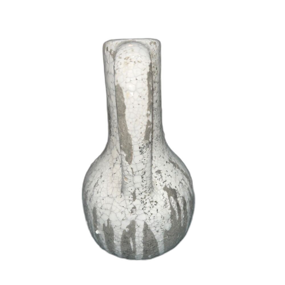 Gray and White Crackled Drip Pottery Mid Century Modern Handle Vase Farmhouse - Picture 2 of 7